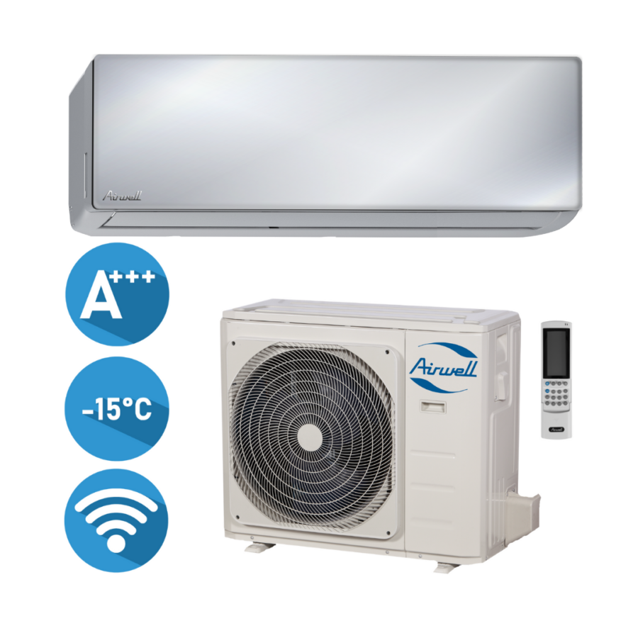 Airwell HARMONIA Mirror HDMB-025N-09M22-MR/YDAB-025H-09M22 efektyvus šildymas iki -15°C